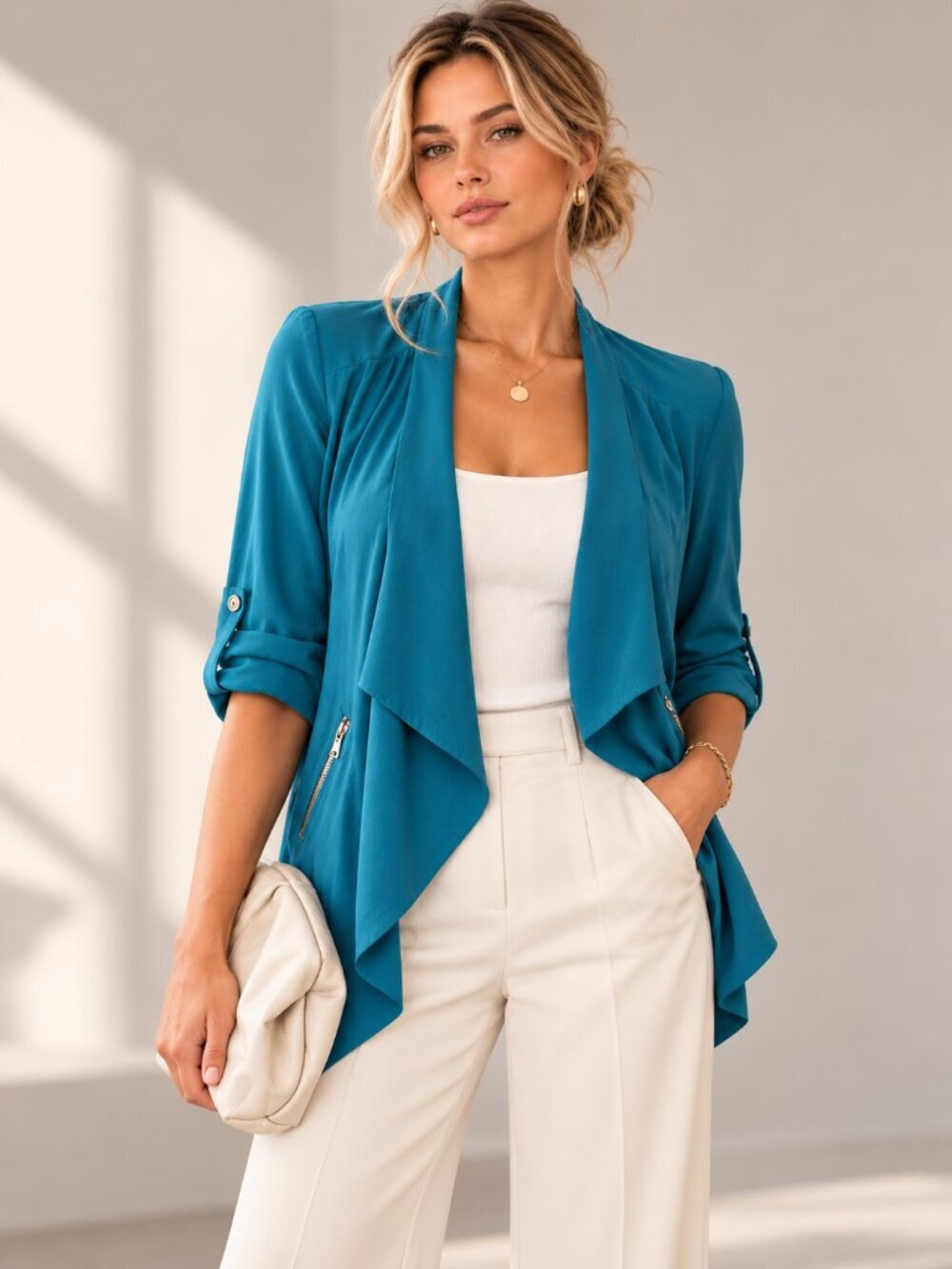 ANTHROPOLOGIE Elevenses Eldora Teal Open Front Drape Blazer Jacket Large